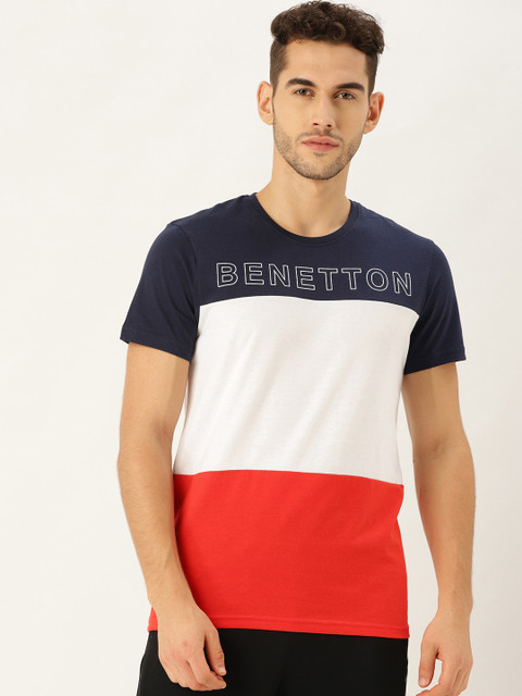 

United Colors of Benetton Men Navy Blue & White Colourblocked Round Neck T-shirt