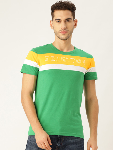 

United Colors of Benetton Men Green & Yellow Striped & Printed Detail Round Neck T-shirt