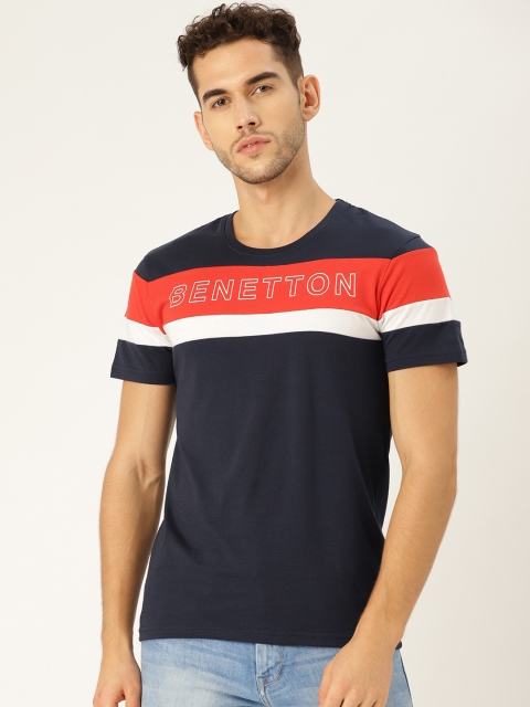 

United Colors of Benetton Men Navy Blue & Red Striped & Printed Detail Round Neck T-shirt