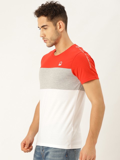 

United Colors of Benetton Men White & Grey Melange Colourblocked Round Neck T-shirt