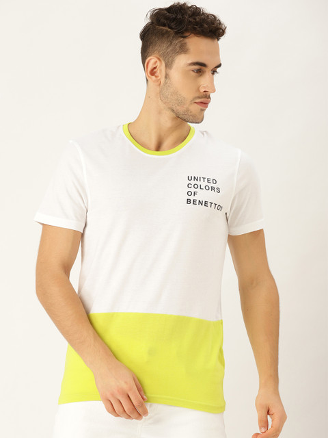 

United Colors of Benetton Men Off-White & Lime Green Colourblocked Round Neck T-shirt