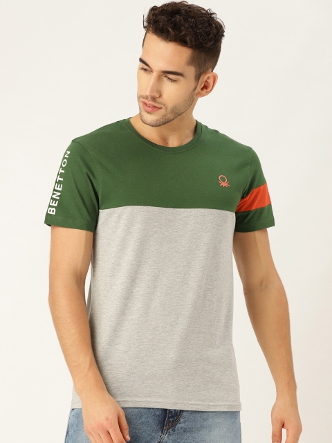 

United Colors of Benetton Men Grey Melange & Green Colourblocked Round Neck T-shirt