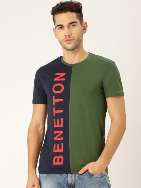

United Colors of Benetton Men Navy Blue & Olive Green Colourblocked Round Neck T-shirt
