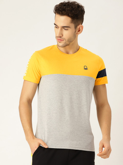 

United Colors of Benetton Men Grey Melange & Yellow Colourblocked Round Neck T-shirt