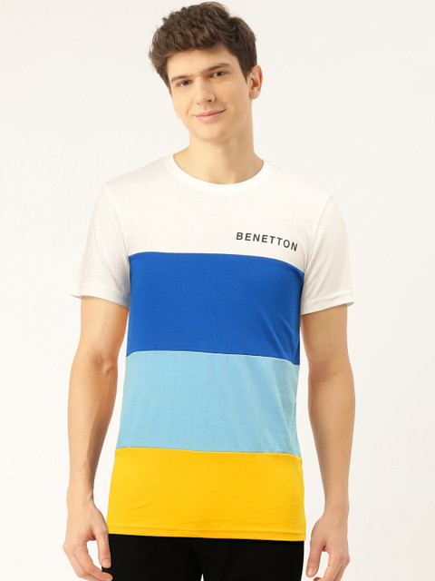 

United Colors of Benetton Men Blue & Yellow Colourblocked Round Neck T-shirt