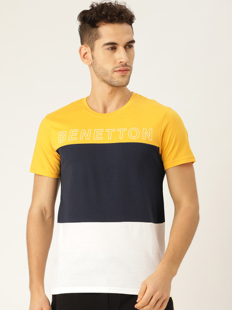 

United Colors of Benetton Men Navy Blue & Yellow Colourblocked Round Neck T-shirt