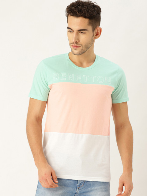 

United Colors of Benetton Men White & Pink Colourblocked Round Neck T-shirt