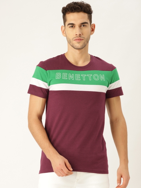 

United Colors of Benetton Men Burgundy & Green Printed & Striped Detail Round Neck T-shirt