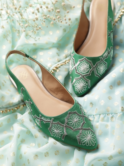 

House of Pataudi Women Green & Silver-Toned Sequinned & Embroidered Handcrafted Flats