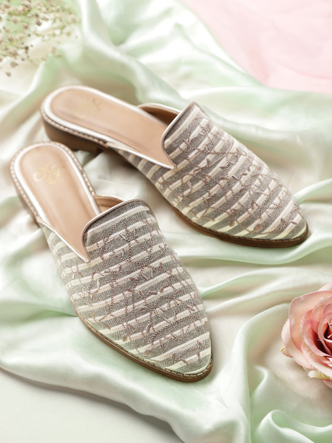 

House of Pataudi Women Grey & Off White Striped & Floral Embroidered Handcrafted Mules