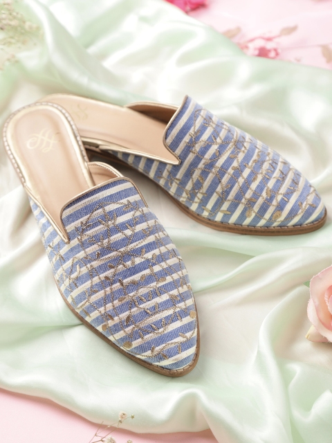 

House of Pataudi Women Blue & Off White Striped & Floral Embroidered Handcrafted Mules