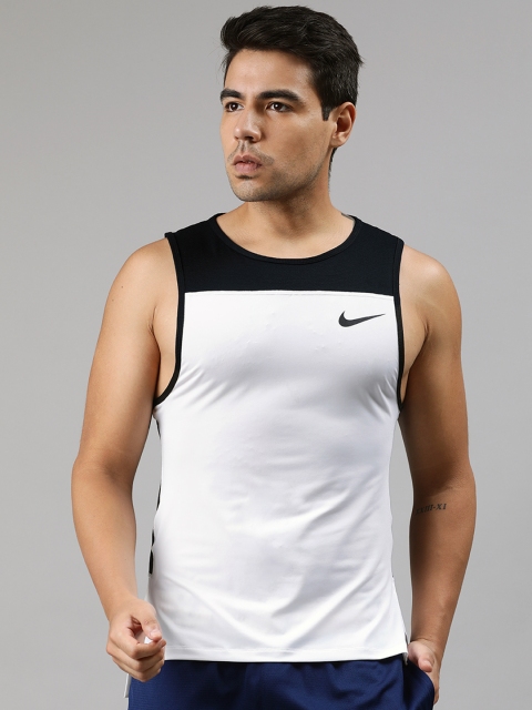 

Nike Men White & Black Slim Fit Colourblocked Dri-Fit TANK LV Round Neck Training T-shirt