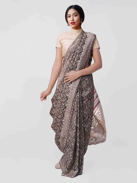 

Unnati Silks Grey & Black Pure Silk Printed Tussar Saree