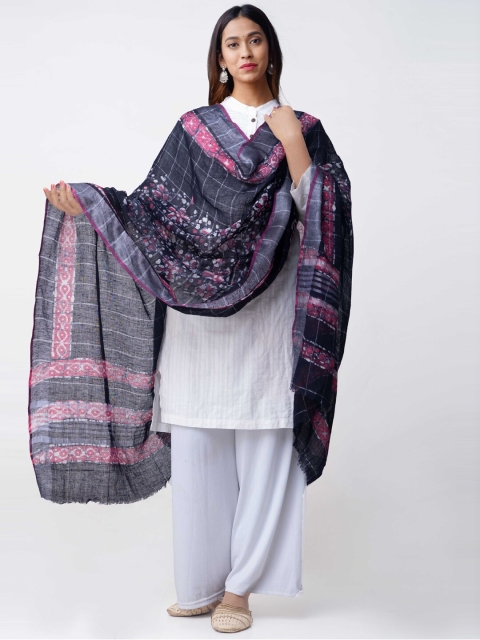 

Unnati Silks Navy Blue Batik Printed Linen Sustainable Dupatta