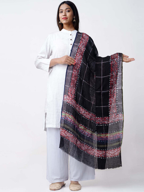 

Unnati Silks Black & Red Pure Hand Batik Linen Sustainable Dupatta