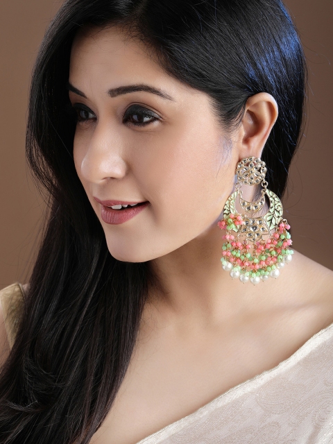 

Rubans Fluorescent Green & Pink 22K Gold Plated Crescent Shaped Chandbalis