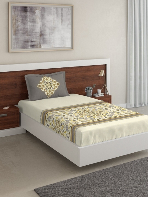 

DDecor Yellow & Grey Floral 140 TC Cotton 1 Single Bedsheet with 1 Pillow Covers