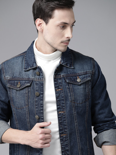 

Roadster Men Navy Blue Solid Washed Denim Jacket