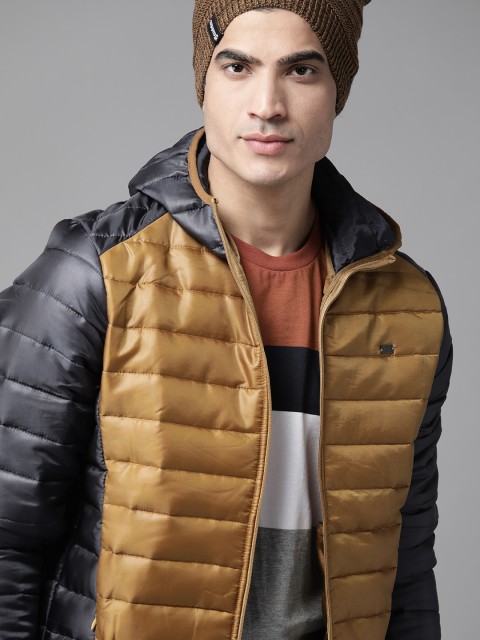 

Roadster Men Mustard Brown & Navy Blue Solid Padded Jacket