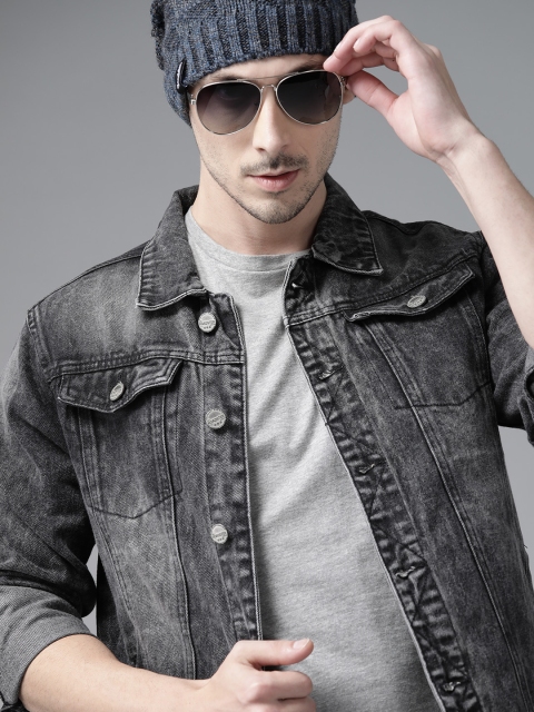 

Roadster Men Charcoal Grey Solid Washed Denim Jacket