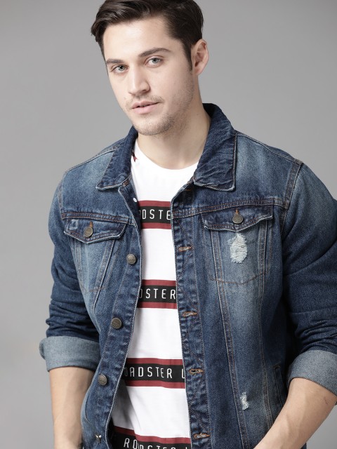 

Roadster Men Blue Pure Cotton Faded Denim Jacket