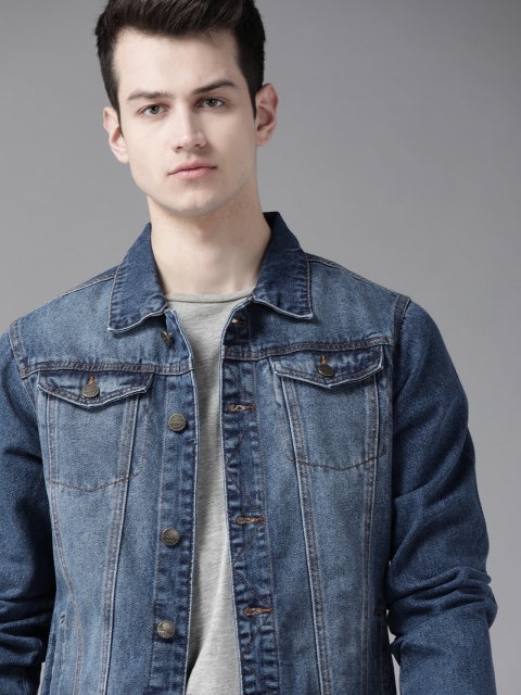 

Roadster Men Navy Blue Solid Cotton Washed Denim Jacket