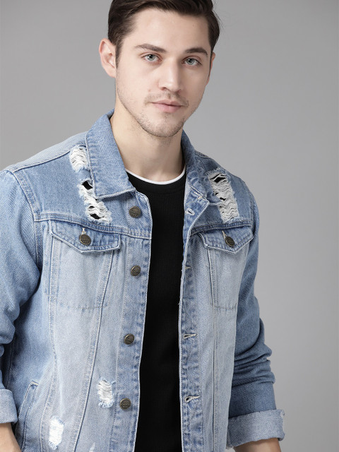 

Roadster Men Blue Washed Pure Cotton Distressed Denim Jacket