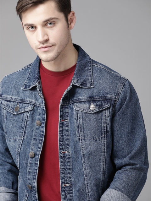 

Roadster Men Blue Pure Cotton Faded Denim Jacket