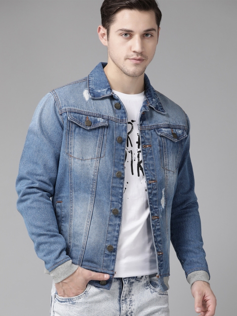 

Roadster Men Blue Pure Cotton Washed Distressed Denim Jacket
