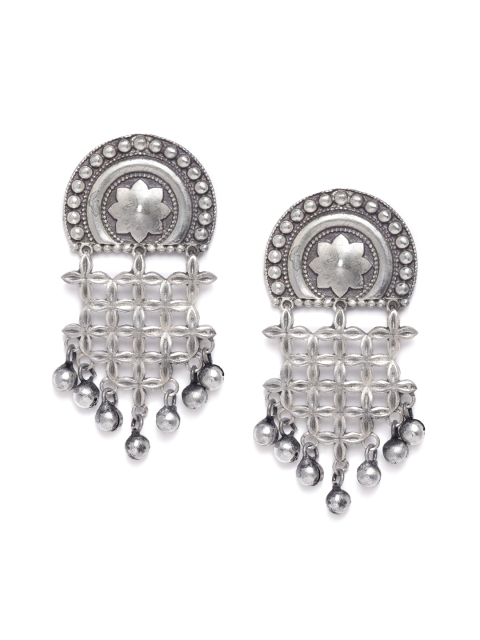 

VIDRUKARIH Silver-Toned Oxidised Contemporary Drop Earrings