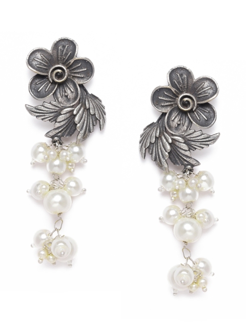 

VIDRUKARIH Silver-Toned & Off-White Floral Drop Earrings