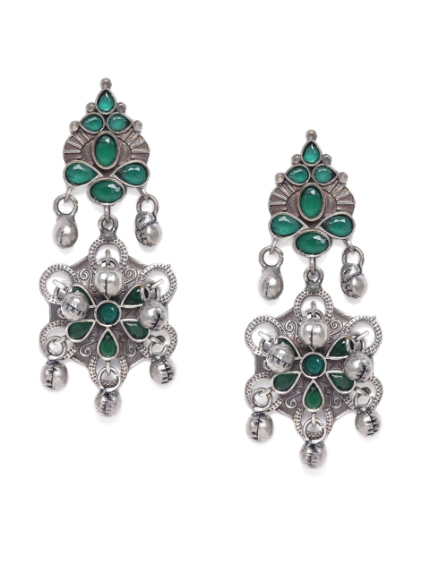 

VIDRUKARIH Silver-Plated & Green Oxidized Contemporary Drop Earrings