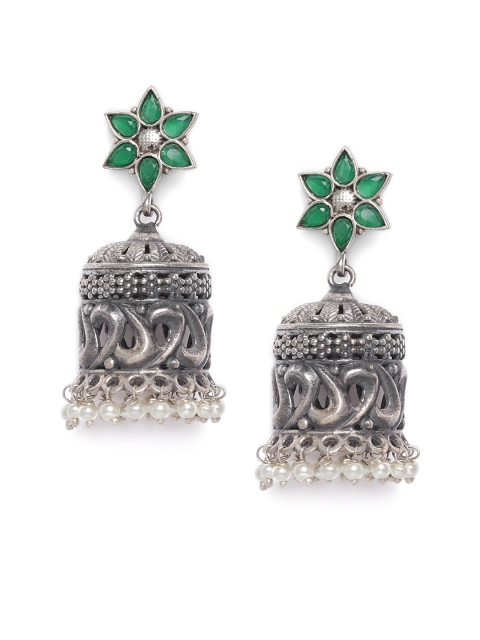 

VIDRUKARIH Silver-Plated & Green Dome Shaped Jhumkas