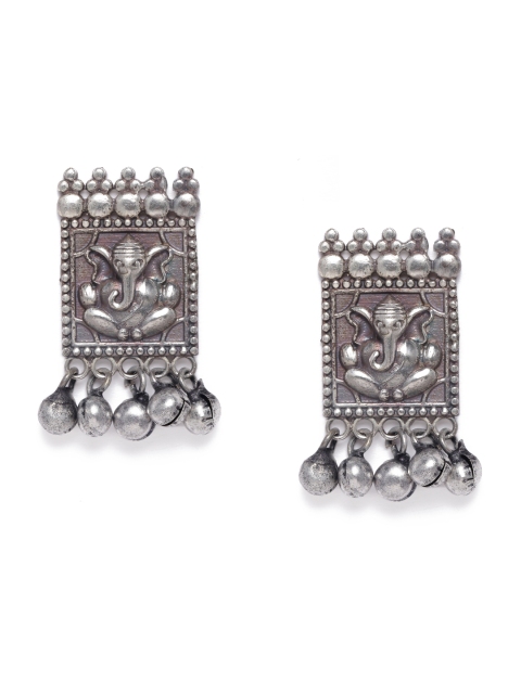 

VIDRUKARIH Silver-Toned Geometric Oxidised Drop Earrings