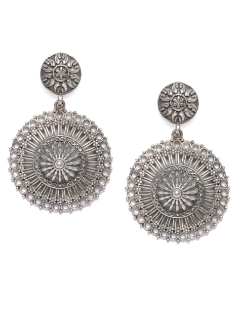 

VIDRUKARIH Silver-Plated Oxidised Circular Drop Earrings