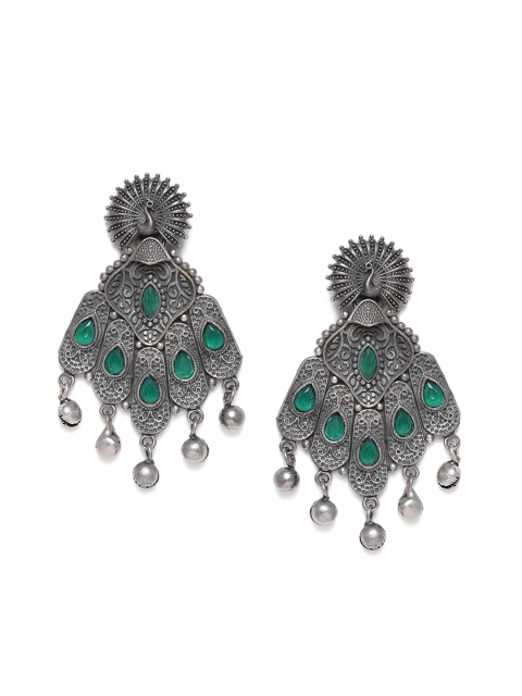 

VIDRUKARIH Silver-Plated & Green Oxidized Peacock Shaped Drop Earrings