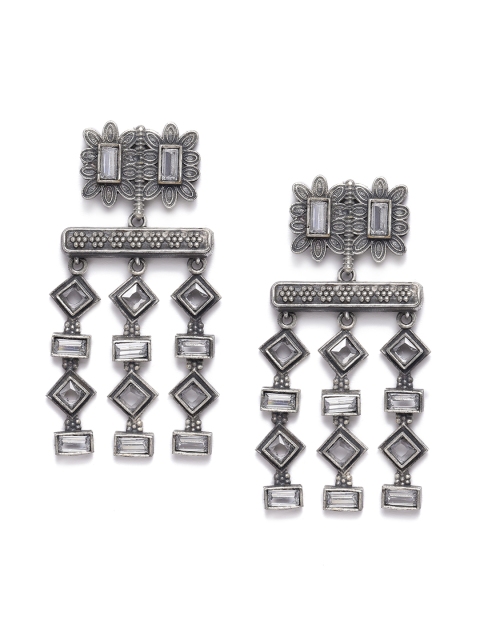 

VIDRUKARIH Silver-Plated Contemporary Oxidized Drop Earrings