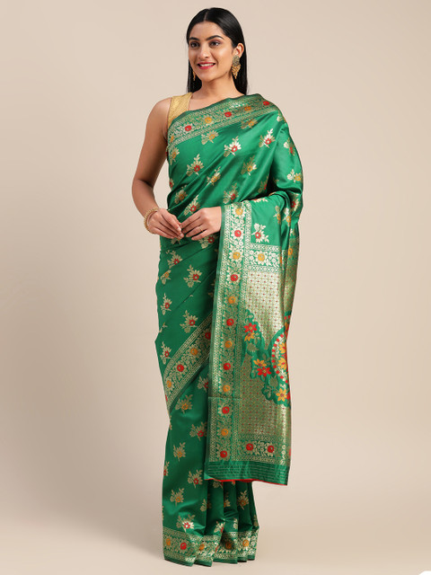 

Mitera Green & Gold-Toned Art Silk Woven Design Saree