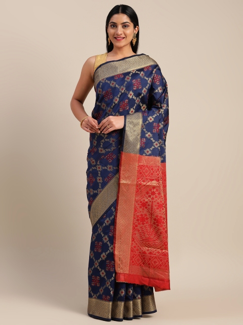 

Mitera Navy Blue & Red Art Silk Woven Design Kanjeevaram Saree