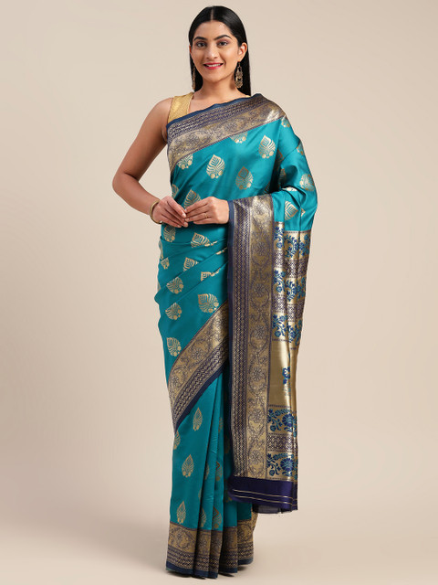 

Mitera Turquoise Blue & Gold-Toned Art Silk Woven Design Saree