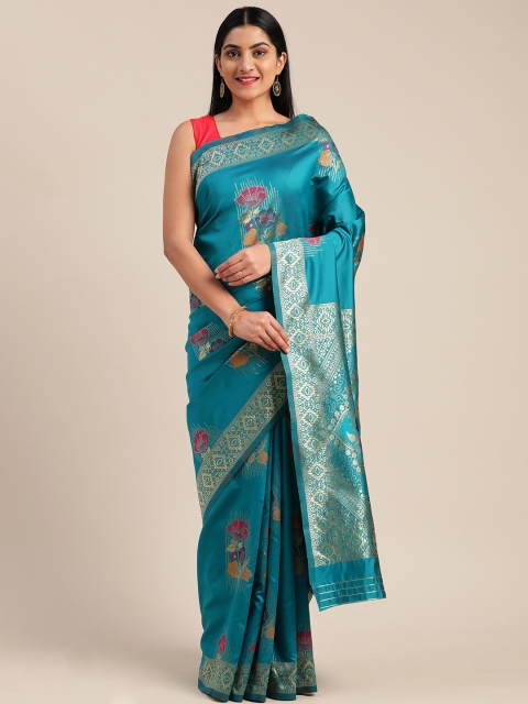 Mitera Blue & Gold-Toned Art Silk Woven Design Saree