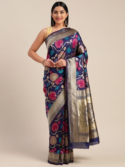 

Mitera Navy Blue & Gold-Toned Art Silk Zari Woven Design Saree
