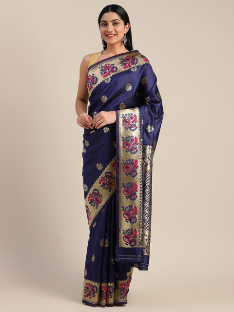 

Mitera Navy Blue & Gold-Toned Art Silk Woven Design Saree