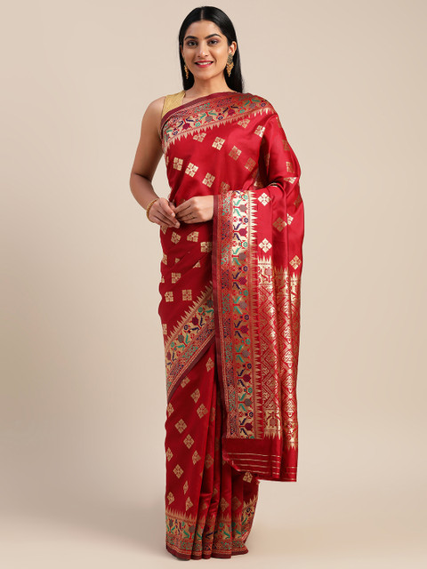 

Mitera Red & Gold-Toned Art Silk Woven Design Saree