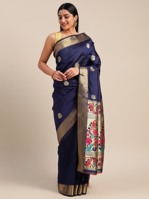 

Mitera Navy Blue & Gold-Toned Art Silk Woven Design Saree