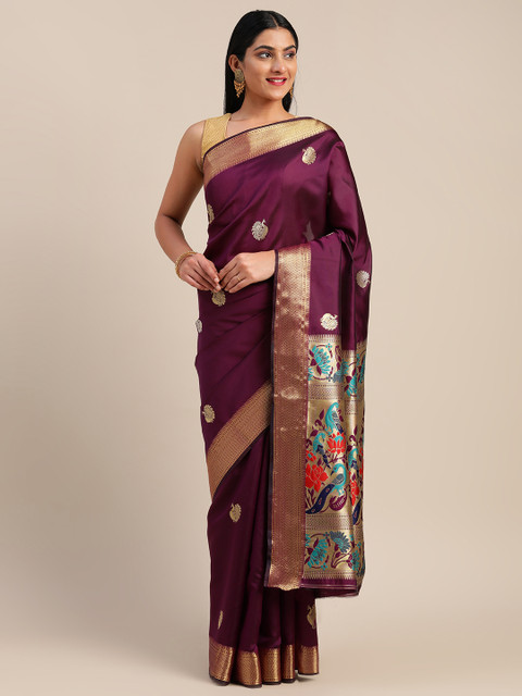 

Mitera Burgundy & Gold-Toned Art Silk Woven Design Saree