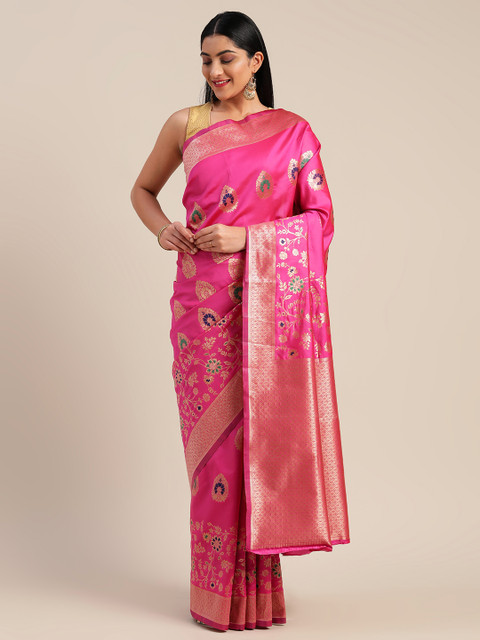

Mitera Pink & Gold-Toned Art Silk Woven Design Saree