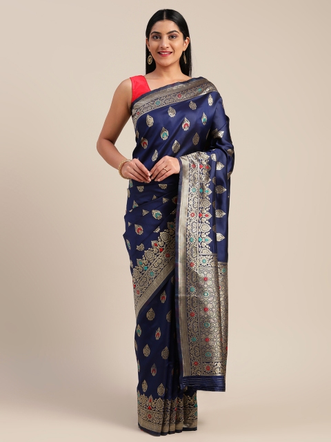 

Mitera Navy Blue Art Silk Woven Design Kanjeevaram Saree