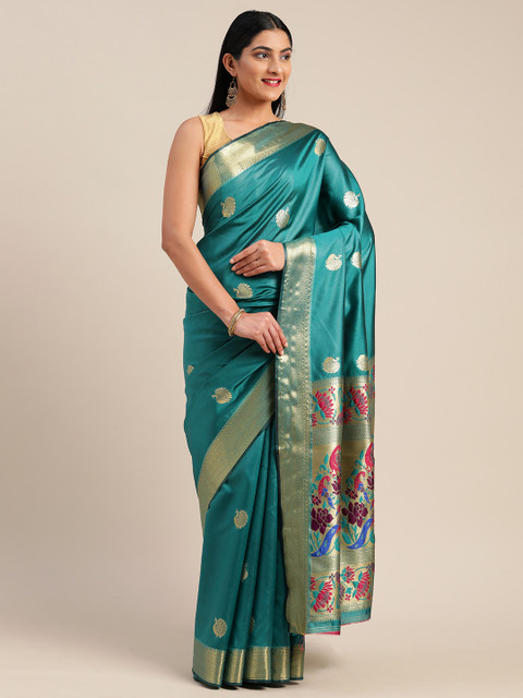 

Mitera Blue & Gold-Toned Art Silk Woven Design Saree