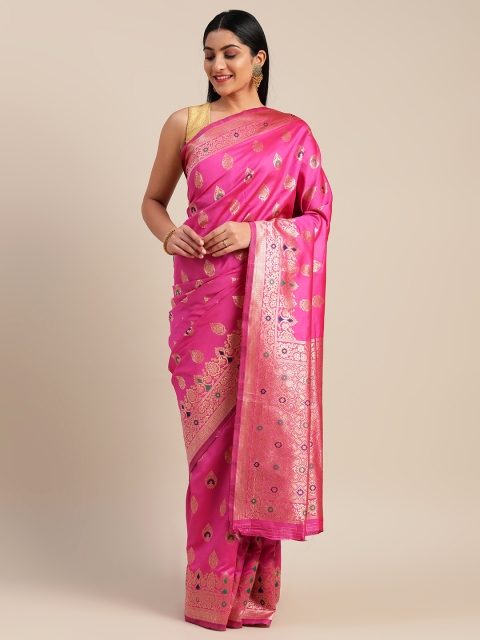 

Mitera Pink & Gold-Toned Art Silk Woven Design Saree